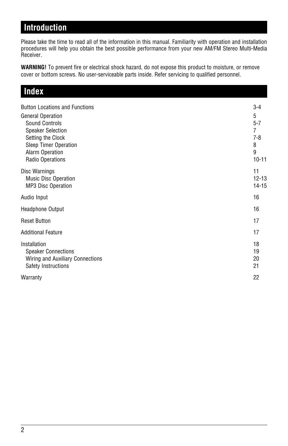 Introduction, Index | Magnadyne LINEAR SERIES RV4000 User Manual | Page 2 / 24