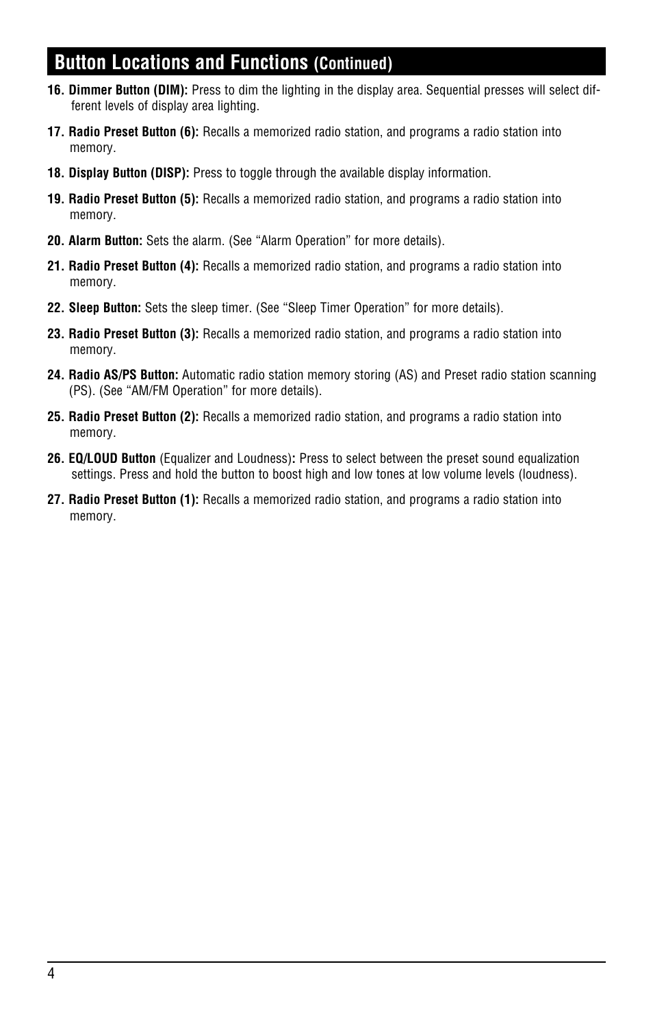 Button locations and functions, Continued) | Magnadyne LINEAR SERIES RV4000 User Manual | Page 4 / 24
