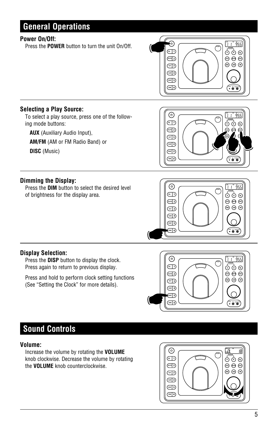 General operations, Sound controls, Selecting a play source | Dimming the display, Display selection, Volume, Power on/off, Press the power button to turn the unit on/off | Magnadyne LINEAR SERIES RV4000 User Manual | Page 5 / 24