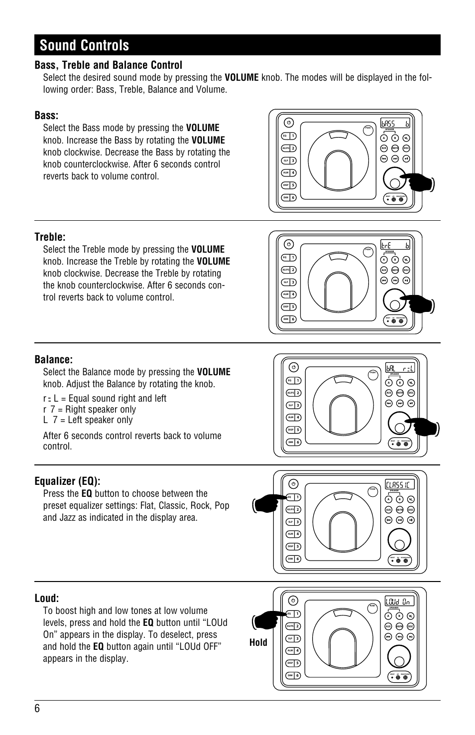 Sound controls, Bass, Bass, treble and balance control | Balance, Treble, Equalizer (eq), Loud | Magnadyne LINEAR SERIES RV4000 User Manual | Page 6 / 24