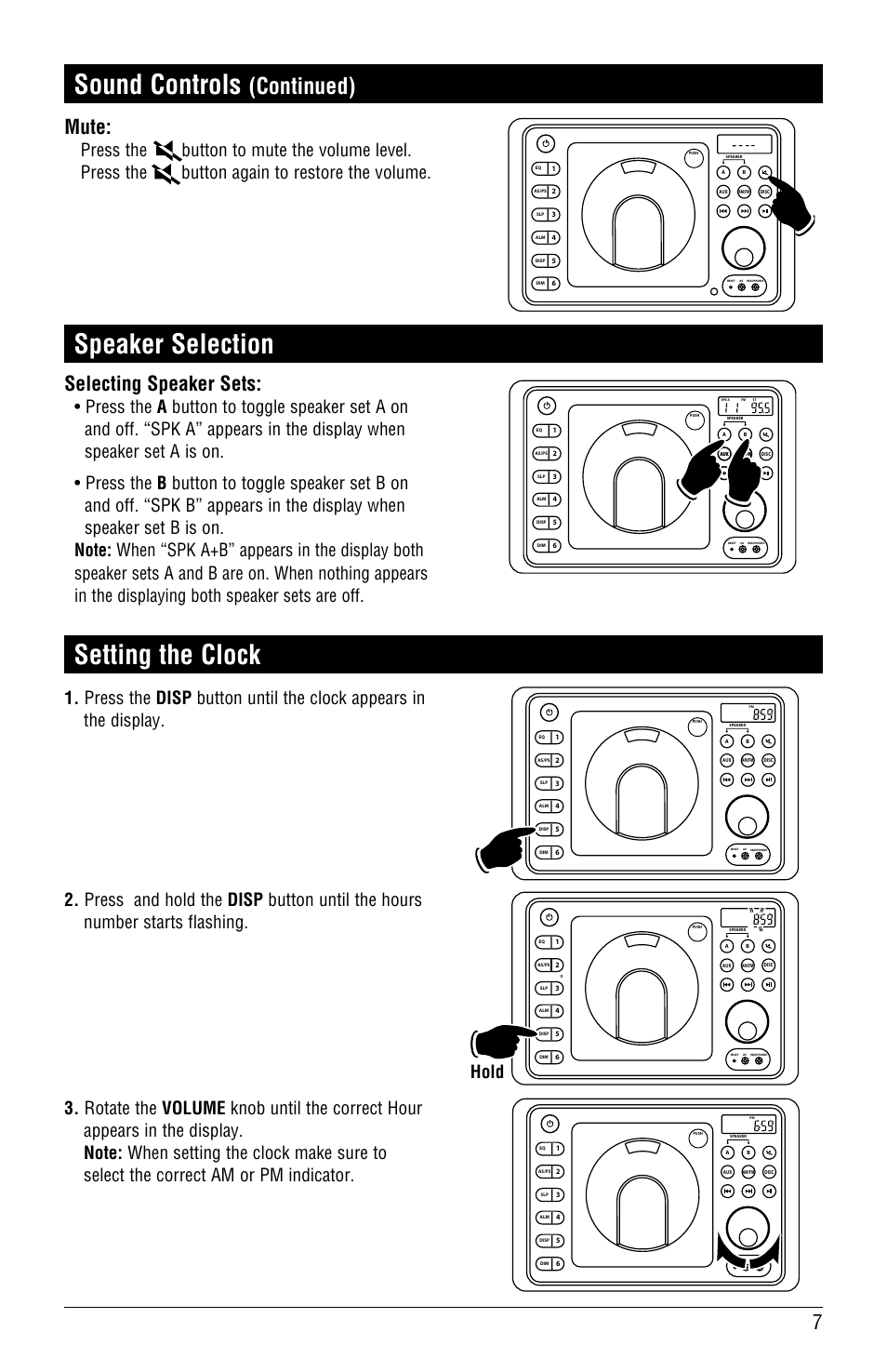 Sound controls, Speaker selection, Setting the clock | Continued), Mute, Selecting speaker sets | Magnadyne LINEAR SERIES RV4000 User Manual | Page 7 / 24