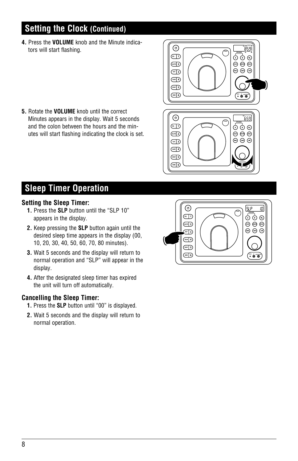 Sleep timer operation, Setting the clock, Continued) | Setting the sleep timer, Cancelling the sleep timer | Magnadyne LINEAR SERIES RV4000 User Manual | Page 8 / 24