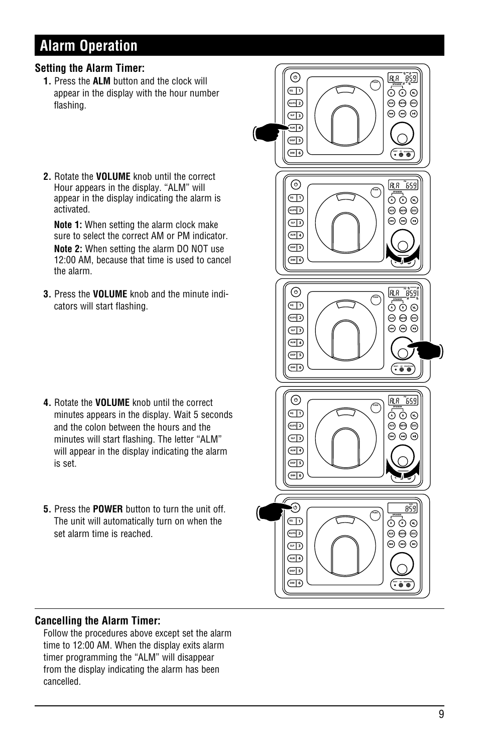 Alarm operation, Setting the alarm timer, Cancelling the alarm timer | Magnadyne LINEAR SERIES RV4000 User Manual | Page 9 / 24