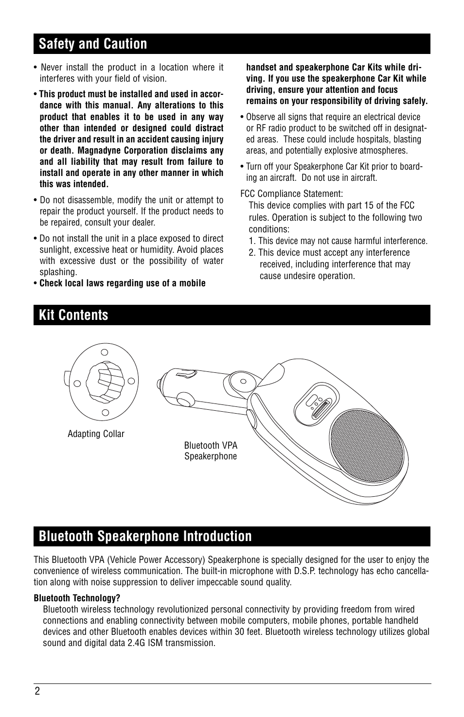 Kit contents | Magnadyne MobileVision BT-HFKP5 User Manual | Page 2 / 8