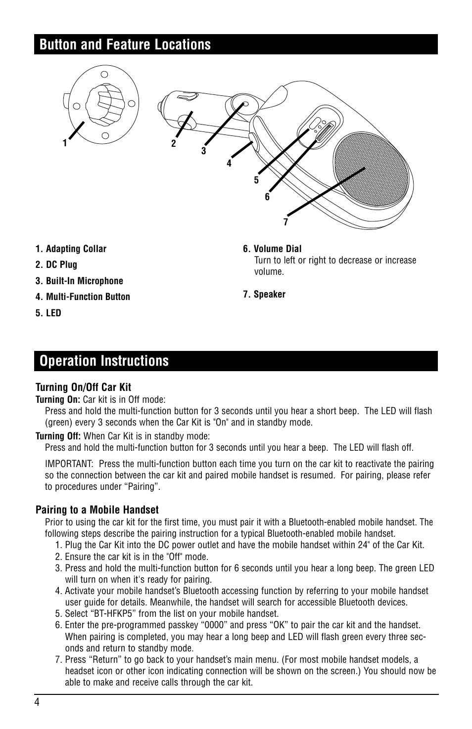 Button and feature locations, Operation instructions | Magnadyne MobileVision BT-HFKP5 User Manual | Page 4 / 8