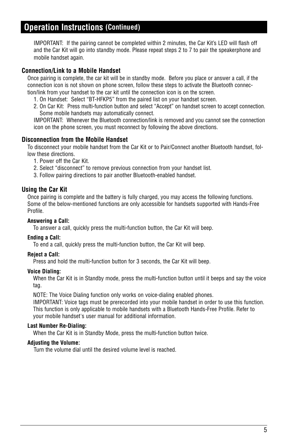 Operation instructions, Continued) | Magnadyne MobileVision BT-HFKP5 User Manual | Page 5 / 8