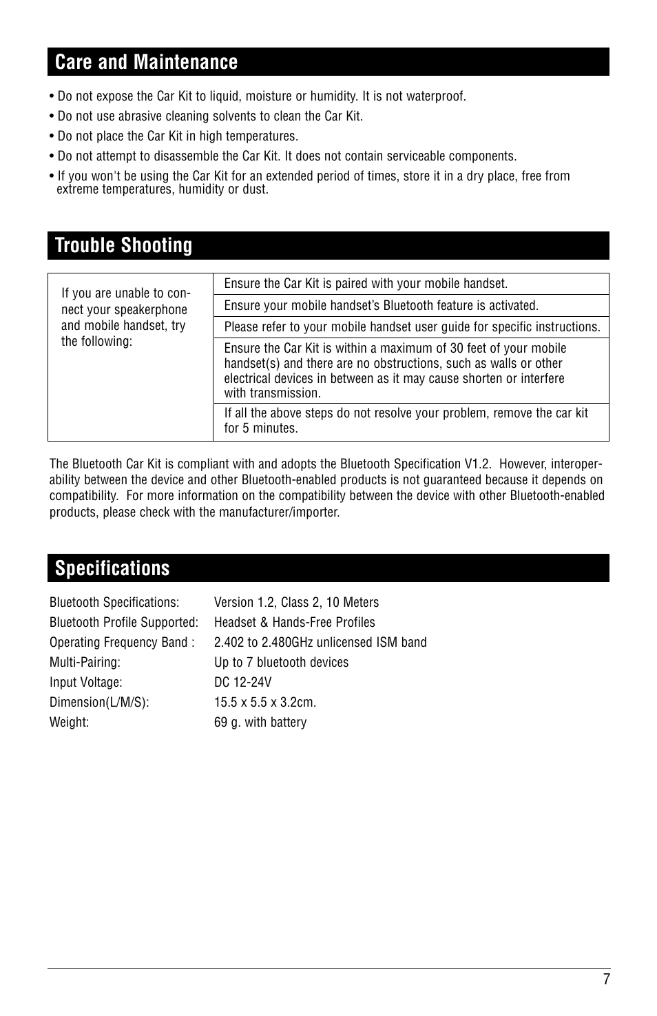 Care and maintenance, Trouble shooting, Specifications | Magnadyne MobileVision BT-HFKP5 User Manual | Page 7 / 8