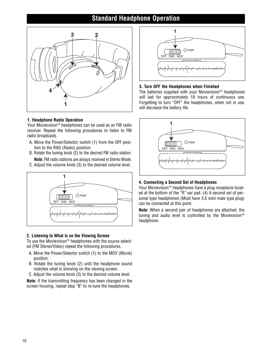 Standard headphone operation | Magnadyne MV-VCRUSER02 User Manual | Page 16 / 20