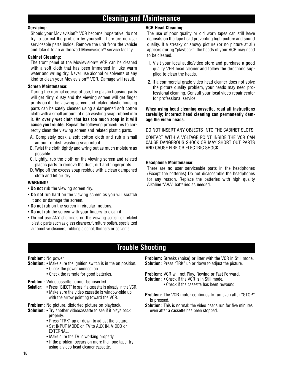 Cleaning and maintenance trouble shooting | Magnadyne MV-VCRUSER02 User Manual | Page 18 / 20