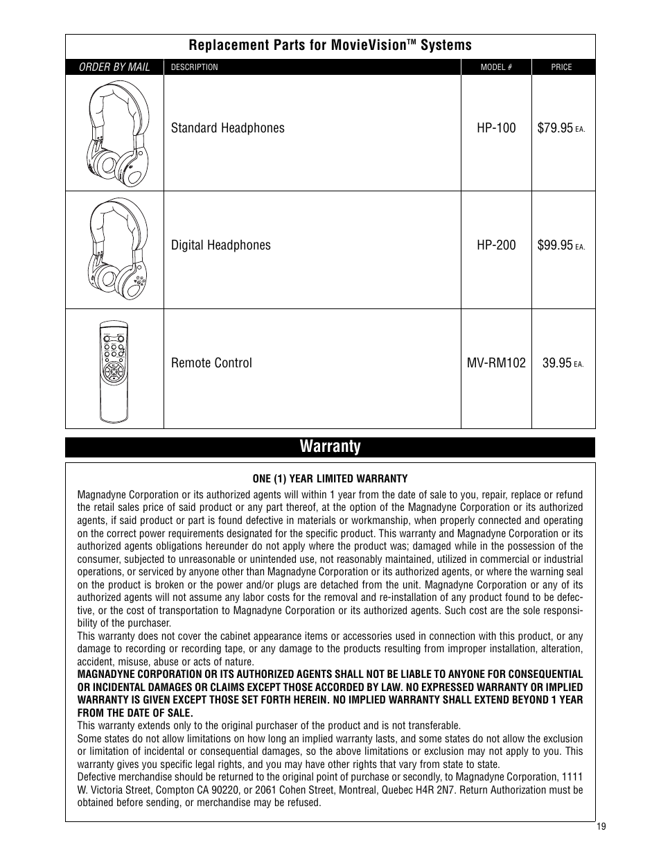 Warranty, Replacement parts for movievision, Systems | Magnadyne MV-VCRUSER02 User Manual | Page 19 / 20