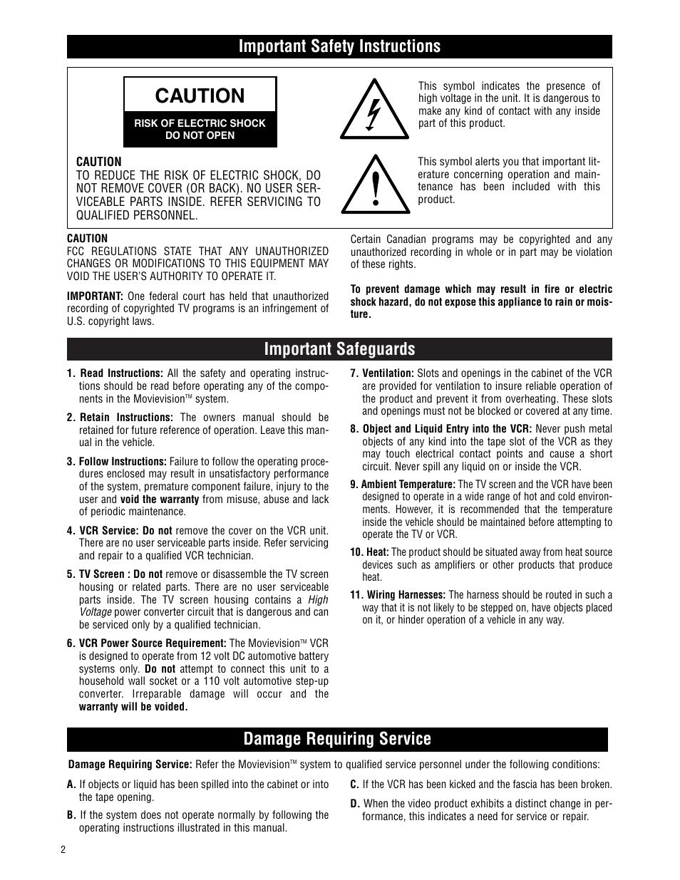 Caution, Important safeguards, Damage requiring service | Important safety instructions | Magnadyne MV-VCRUSER02 User Manual | Page 2 / 20