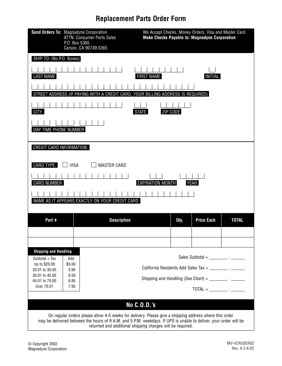 Replacement parts order form, No c.o.d.’s | Magnadyne MV-VCRUSER02 User Manual | Page 20 / 20