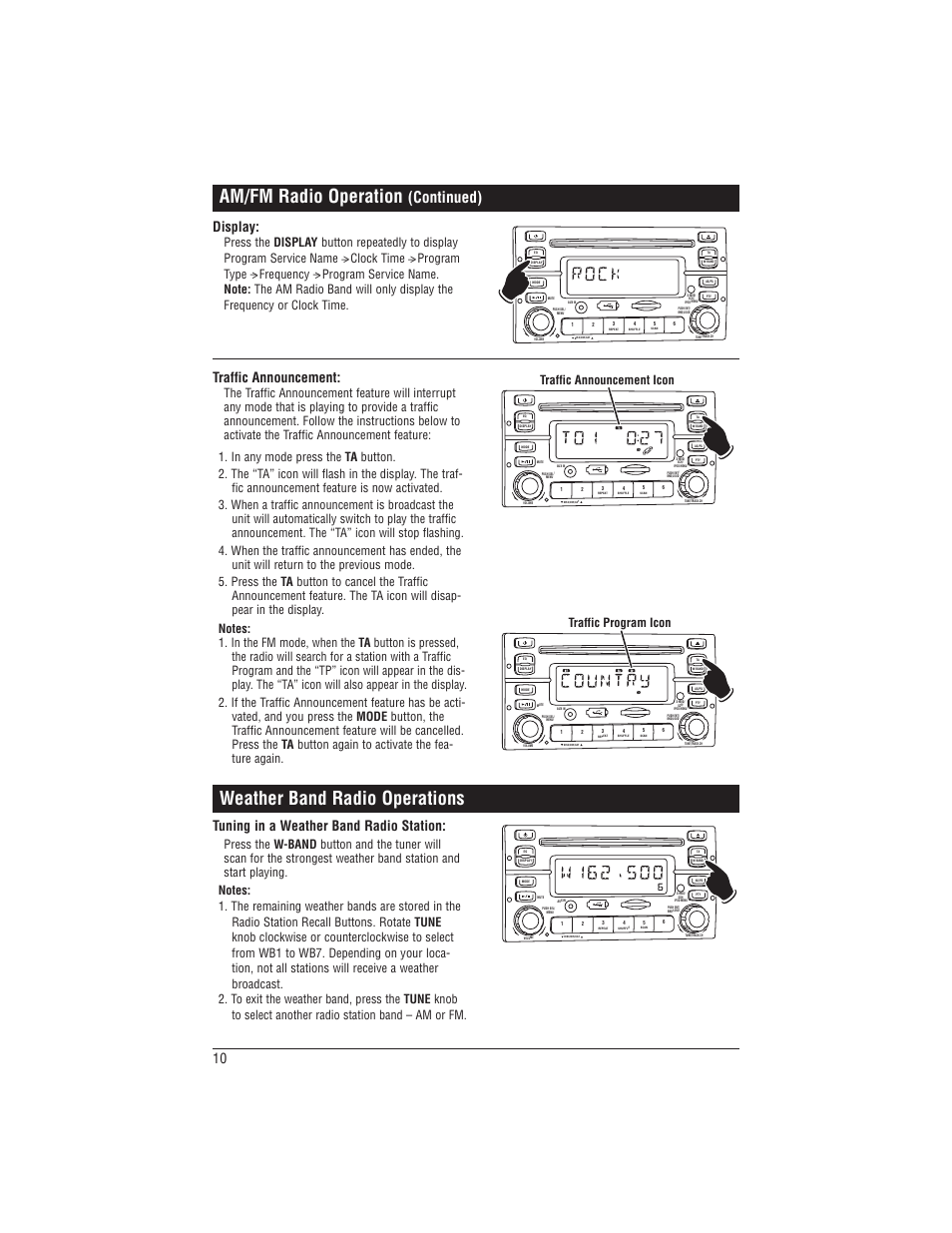 Weather band radio operations, Am/fm radio operation, Continued) | Tuning in a weather band radio station, Traffic announcement, Display, Traffic announcement icon, Traffic program icon | Magnadyne M1-CD User Manual | Page 10 / 36