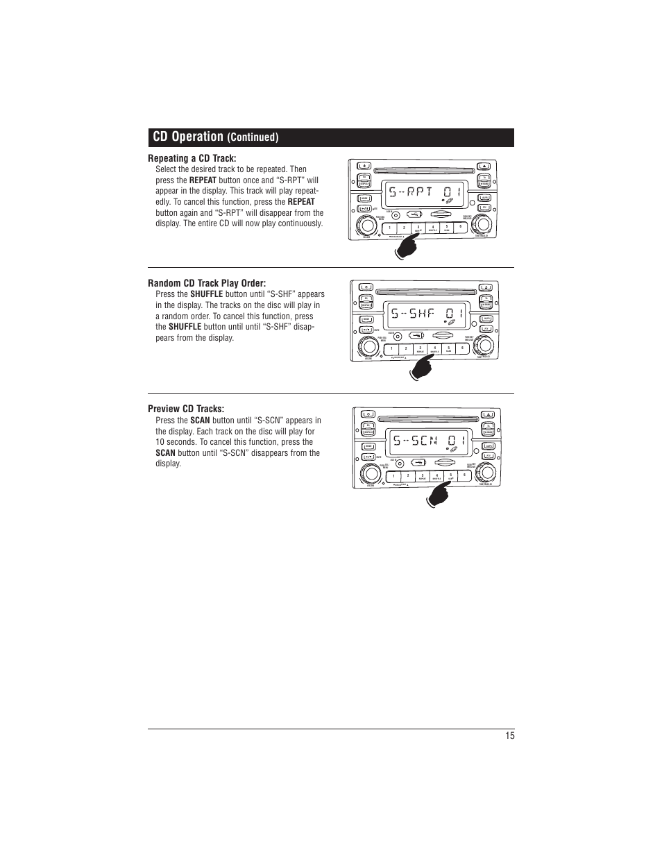 Cd operation, Continued), Repeating a cd track | Preview cd tracks, Random cd track play order | Magnadyne M1-CD User Manual | Page 15 / 36