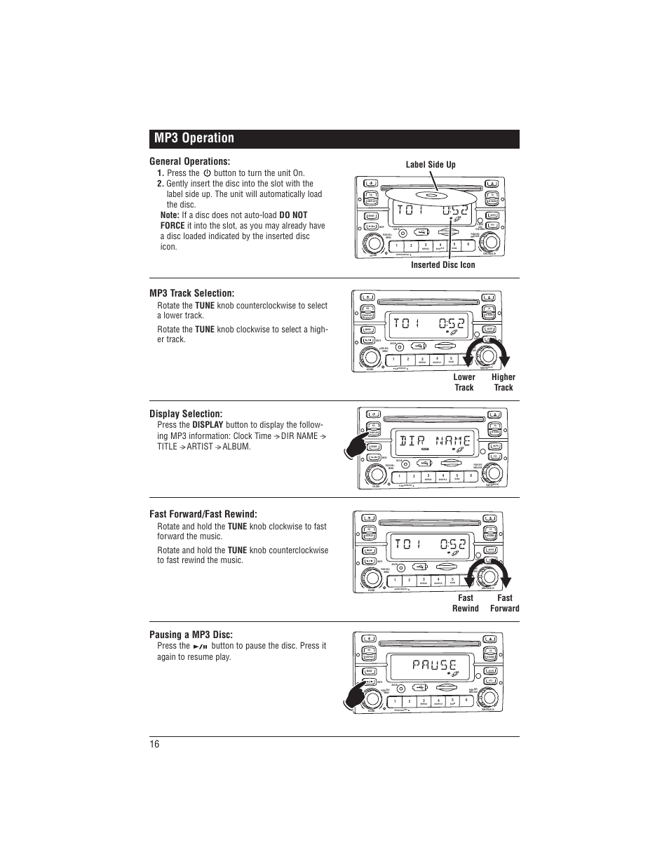 Mp3 operation, Pausing a mp3 disc, Display selection | General operations, Mp3 track selection, Fast forward/fast rewind, Label side up inserted disc icon, Lower track higher track, Fast rewind fast forward | Magnadyne M1-CD User Manual | Page 16 / 36