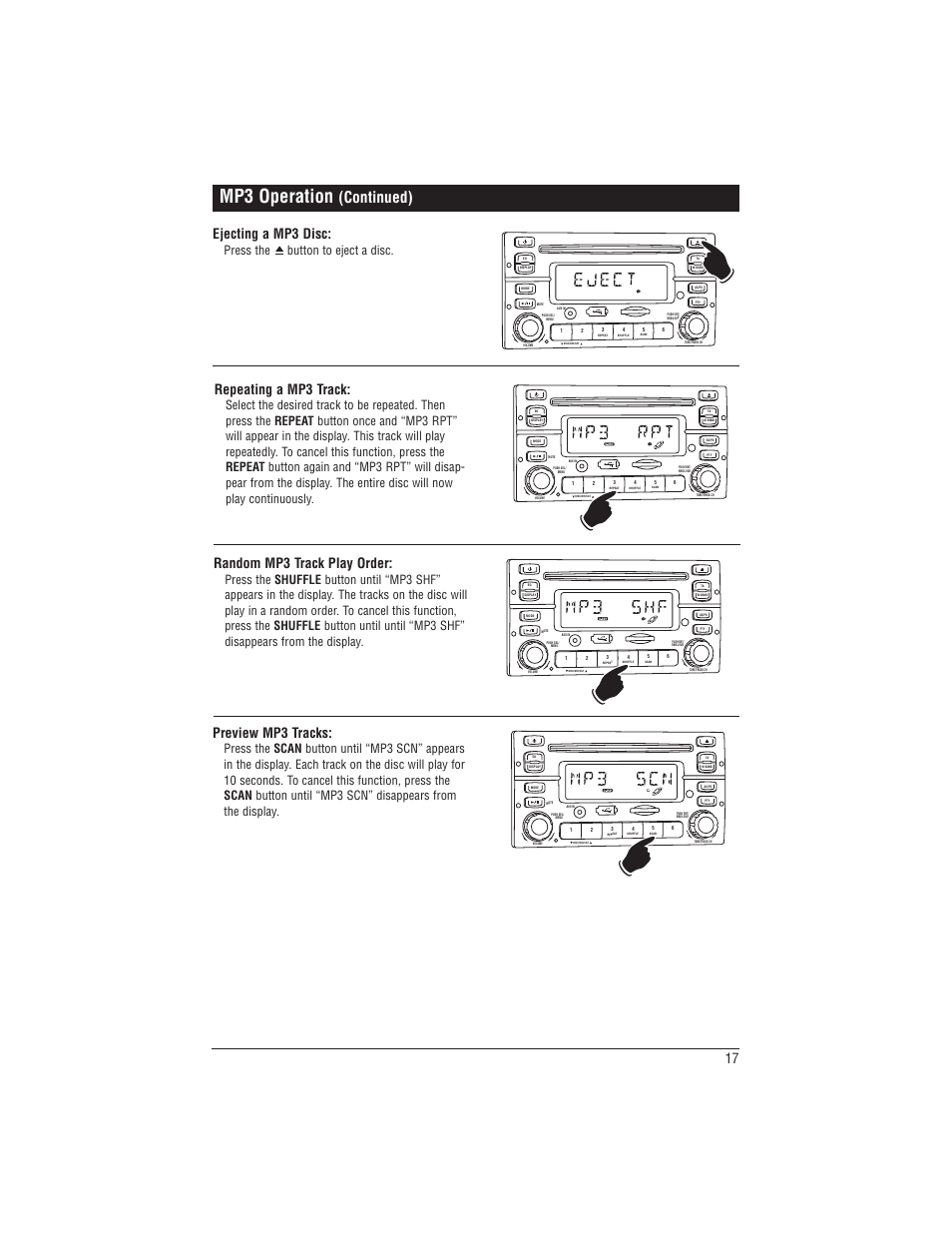 Mp3 operation, Continued), Ejecting a mp3 disc | Repeating a mp3 track, Preview mp3 tracks, Random mp3 track play order, Press the button to eject a disc | Magnadyne M1-CD User Manual | Page 17 / 36