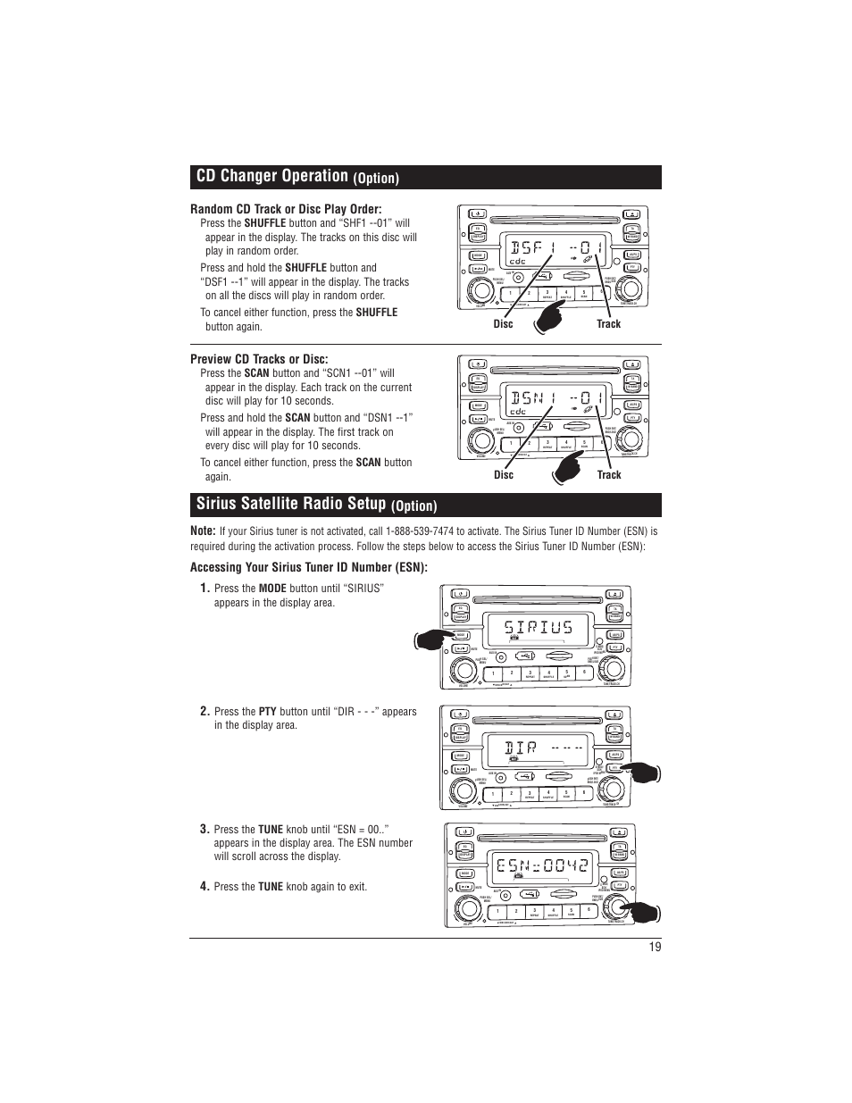 Sirius satellite radio setup, Cd changer operation, Option) | Accessing your sirius tuner id number (esn): 1, Preview cd tracks or disc, Random cd track or disc play order, Track disc, Press the tune knob again to exit | Magnadyne M1-CD User Manual | Page 19 / 36