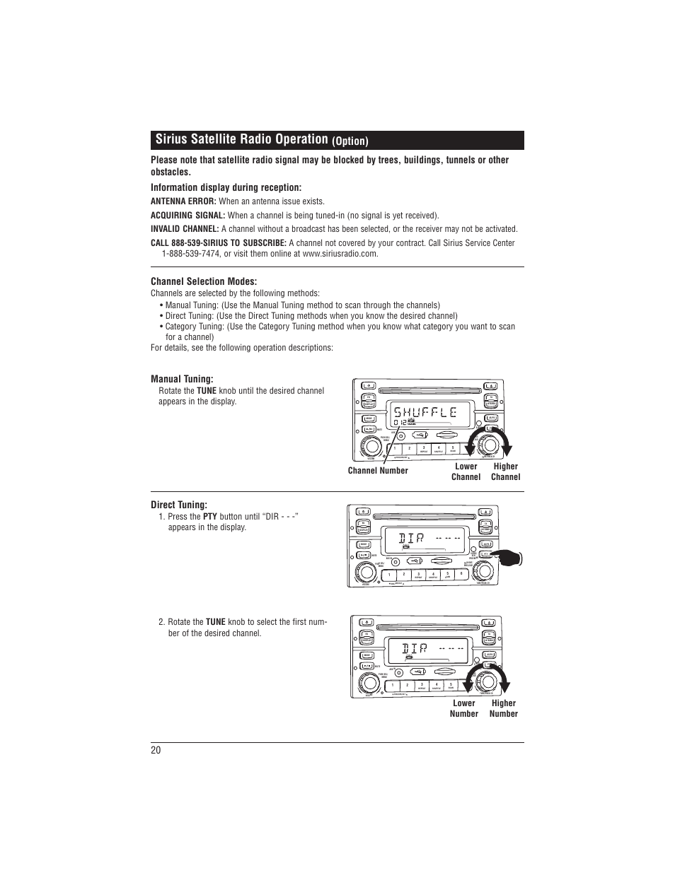 Sirius satellite radio operation, Option), 20 manual tuning | Direct tuning, Information display during reception, Channel number lower channel higher channel, Lower number higher number | Magnadyne M1-CD User Manual | Page 20 / 36