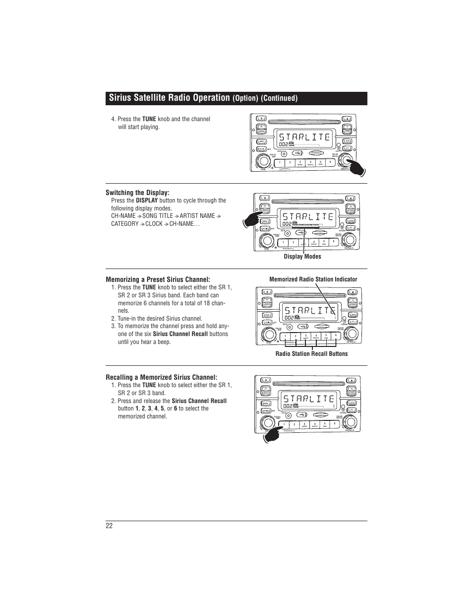 Sirius satellite radio operation, Option) (continued), Switching the display | Display modes | Magnadyne M1-CD User Manual | Page 22 / 36