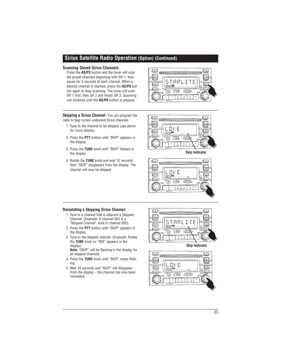 Sirius satellite radio operation, Option) (continued), Reinstating a skipping sirius channel | Scanning stored sirius channels, Skipping a sirius channel, Skip indicator | Magnadyne M1-CD User Manual | Page 23 / 36