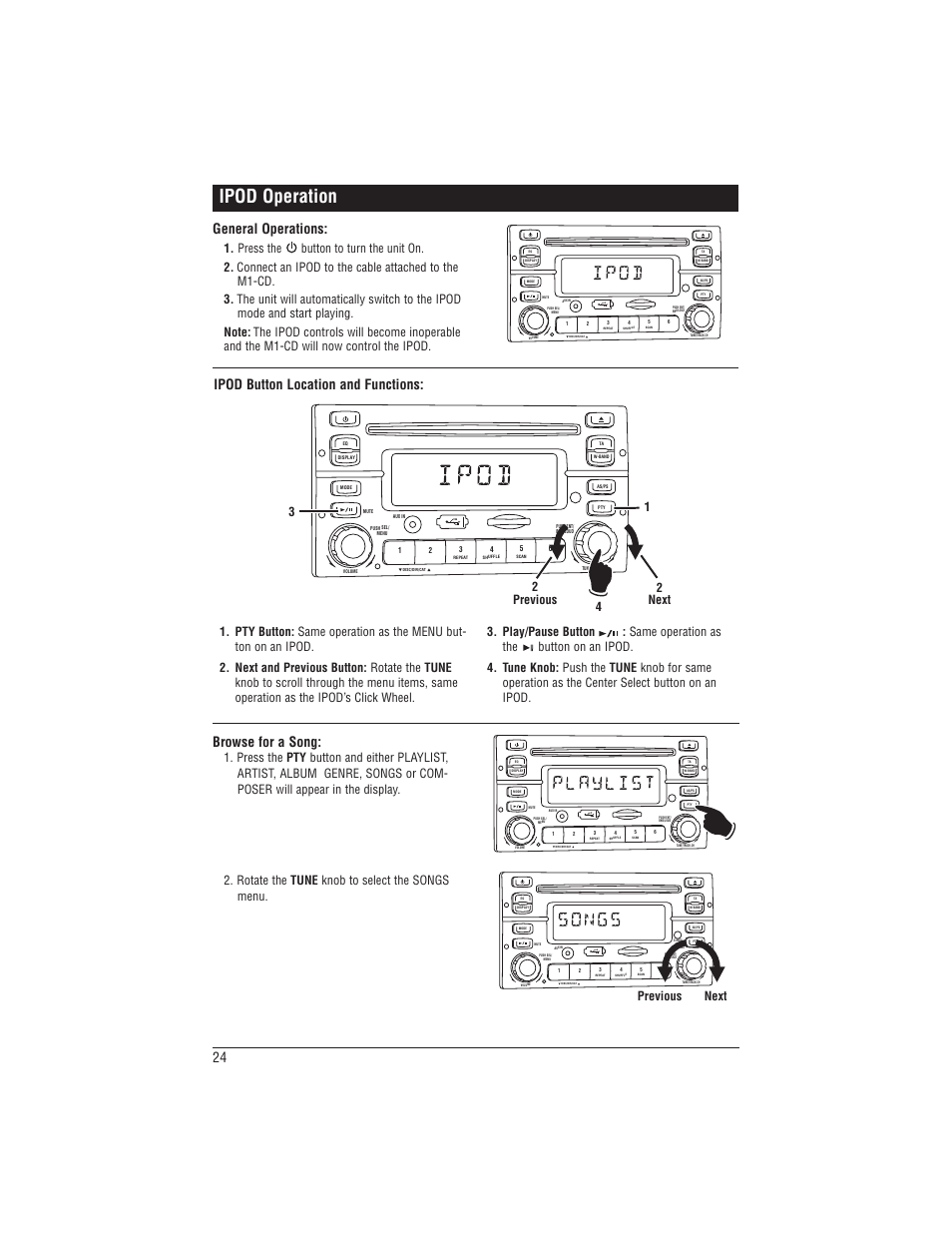 Ipod operation, General operations, Previous next | Magnadyne M1-CD User Manual | Page 24 / 36