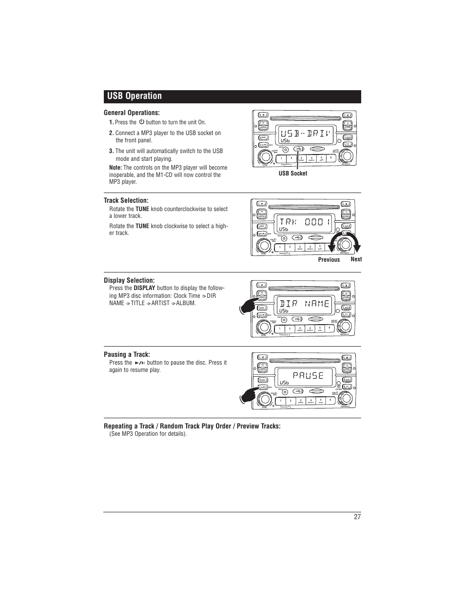 Usb operation, General operations, Track selection | Pausing a track, Display selection, Usb socket, Previous next, See mp3 operation for details) | Magnadyne M1-CD User Manual | Page 27 / 36