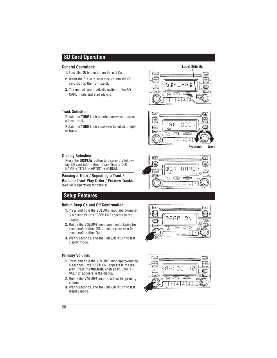 Sd card operation, Setup features, General operations | Track selection, Display selection, Button beep on and off confirmation, Primary volume, Label side up, Previous next, See mp3 operation for details) | Magnadyne M1-CD User Manual | Page 28 / 36