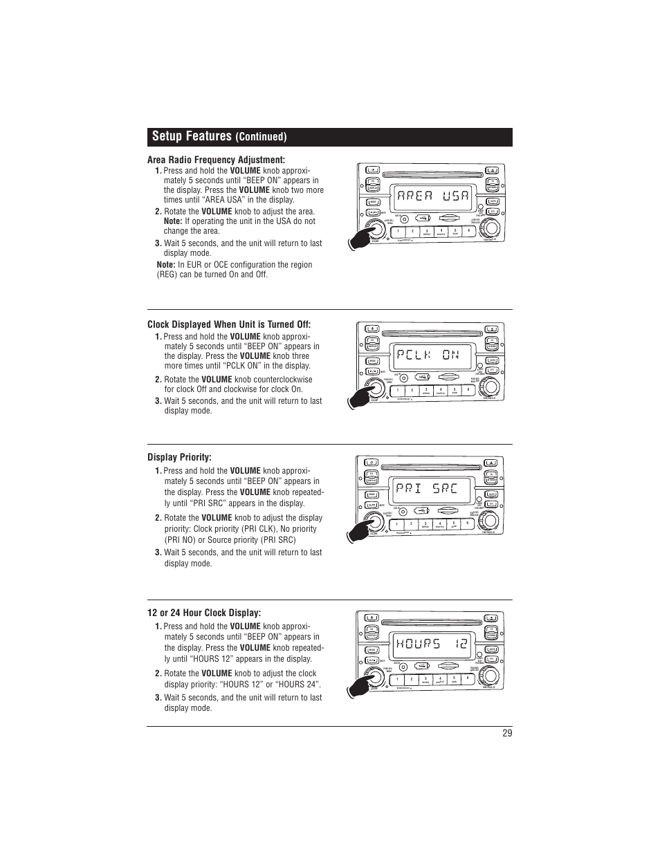 Setup features, Continued), Display priority | Area radio frequency adjustment, Clock displayed when unit is turned off, 12 or 24 hour clock display | Magnadyne M1-CD User Manual | Page 29 / 36