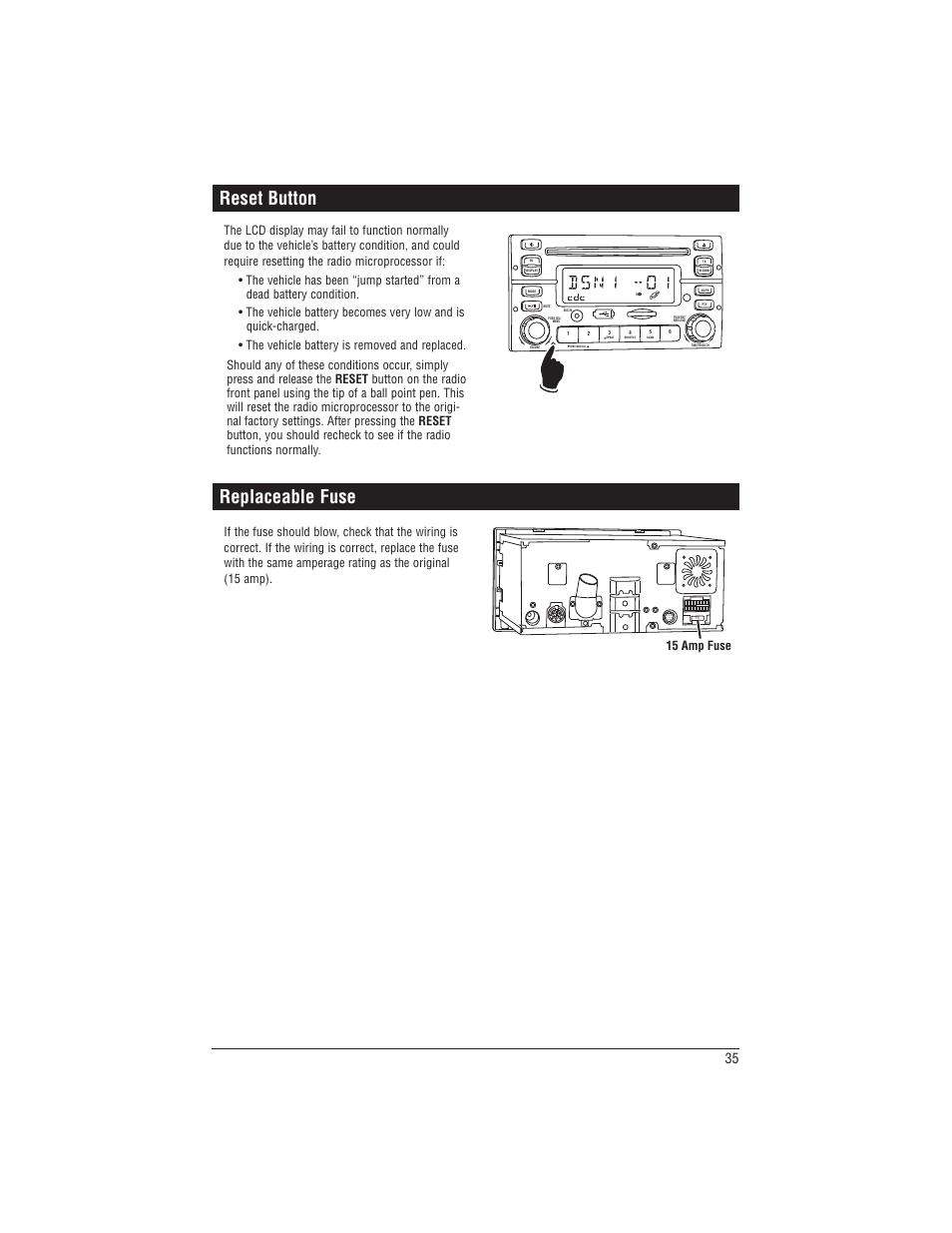 Reset button, Replaceable fuse, 15 amp fuse | Magnadyne M1-CD User Manual | Page 35 / 36