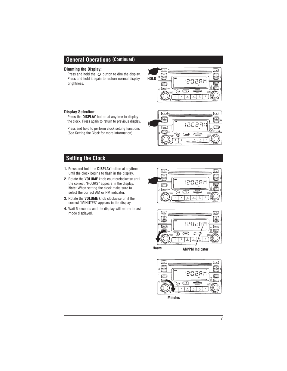 General operations, Setting the clock, Continued) | 7dimming the display, Display selection, Hold, Hours am/pm indicator, Minutes | Magnadyne M1-CD User Manual | Page 7 / 36