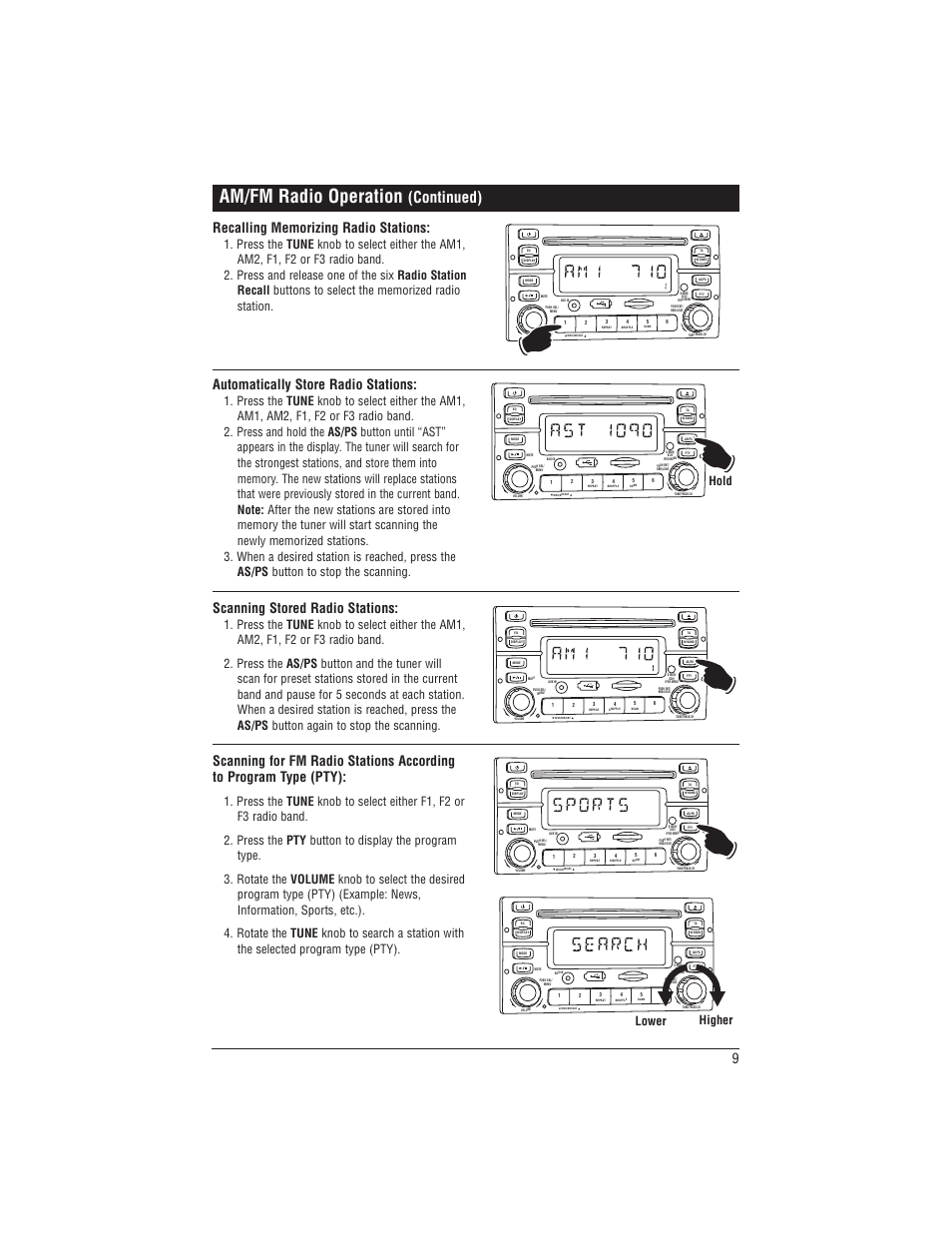 Am/fm radio operation, Continued), Automatically store radio stations | Scanning stored radio stations, Hold, Lower higher | Magnadyne M1-CD User Manual | Page 9 / 36
