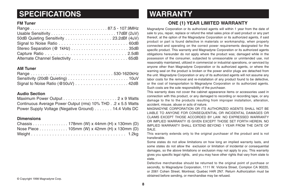 Specifications, Warranty | Magnadyne PPC-200 User Manual | Page 8 / 8