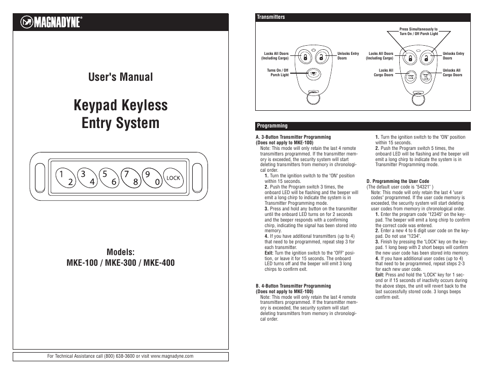 Magnadyne Keypad Keyless Entry System MKE-300 User Manual | 2 pages