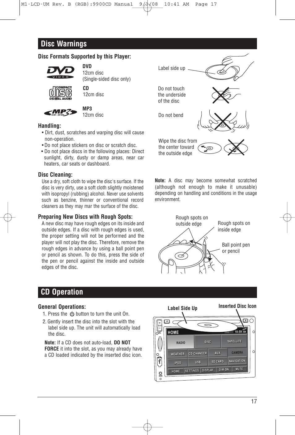 Disc warnings, Cd operation | Magnadyne M1-LCD User Manual | Page 17 / 48