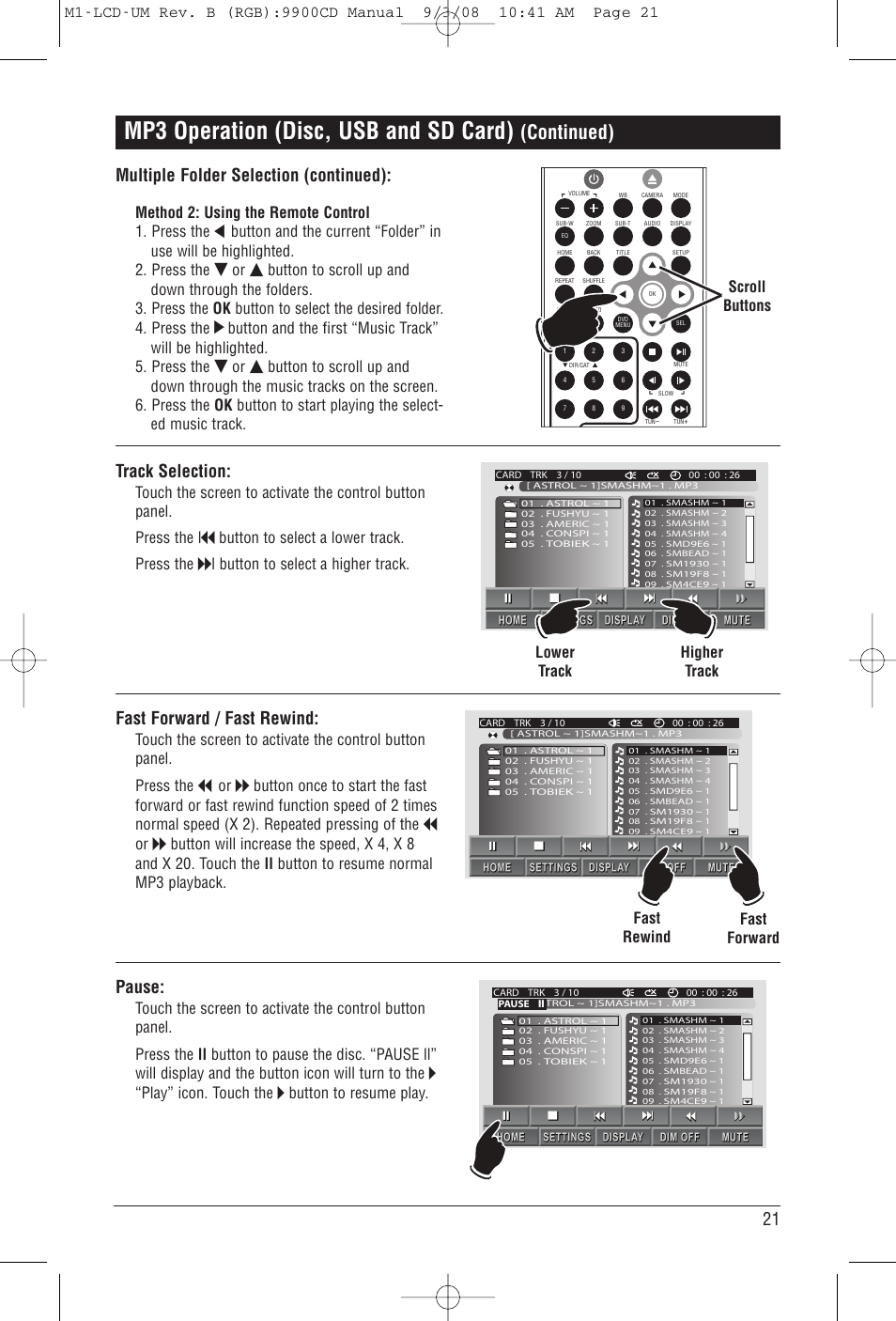 Mp3 operation (disc, usb and sd card), Continued), Multiple folder selection (continued) | Track selection, Fast forward / fast rewind, Pause, Method 2: using the remote control 1. press the, Scroll buttons, Button to select a lower track. press the, L button to select a higher track | Magnadyne M1-LCD User Manual | Page 21 / 48