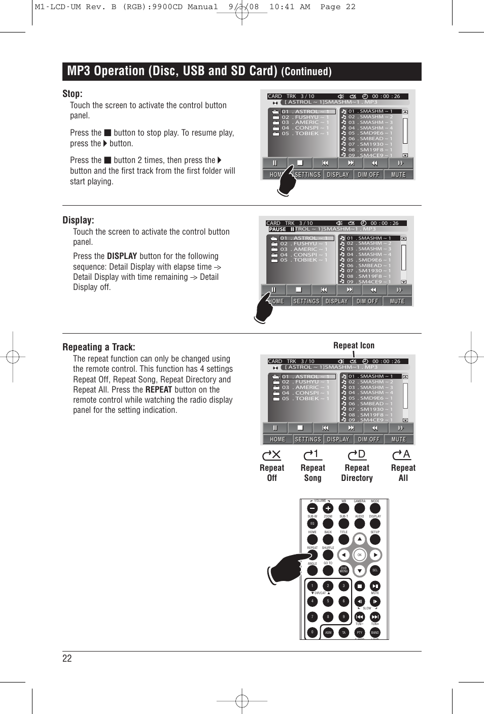 Mp3 operation (disc, usb and sd card), Continued), 1d a | Display, Stop, Repeating a track, Button. press the Ⅵ button 2 times, then press the, Repeat icon, Repeat off repeat song repeat directory repeat all | Magnadyne M1-LCD User Manual | Page 22 / 48