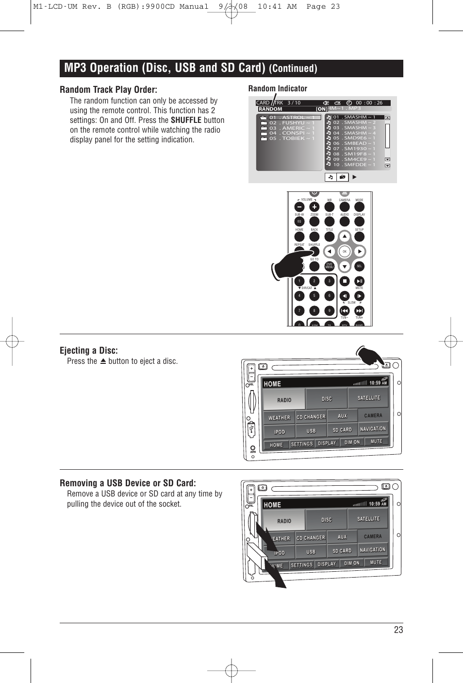 Mp3 operation (disc, usb and sd card), Continued), 23 ejecting a disc | Removing a usb device or sd card, Random track play order, Press the button to eject a disc, Random indicator | Magnadyne M1-LCD User Manual | Page 23 / 48