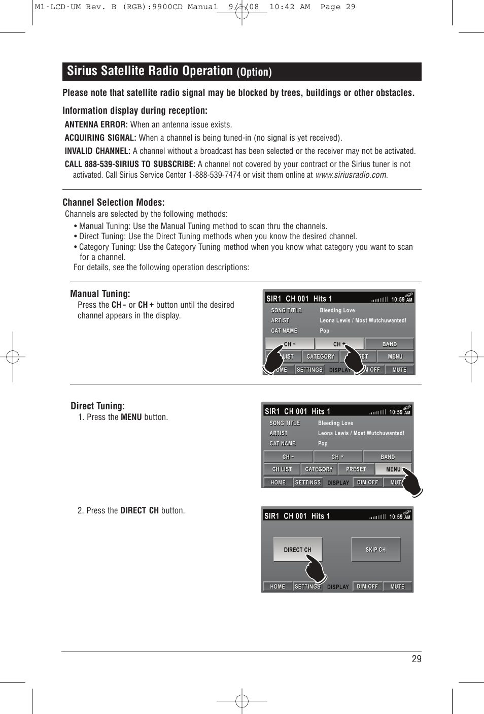 Sirius satellite radio operation | Magnadyne M1-LCD User Manual | Page 29 / 48