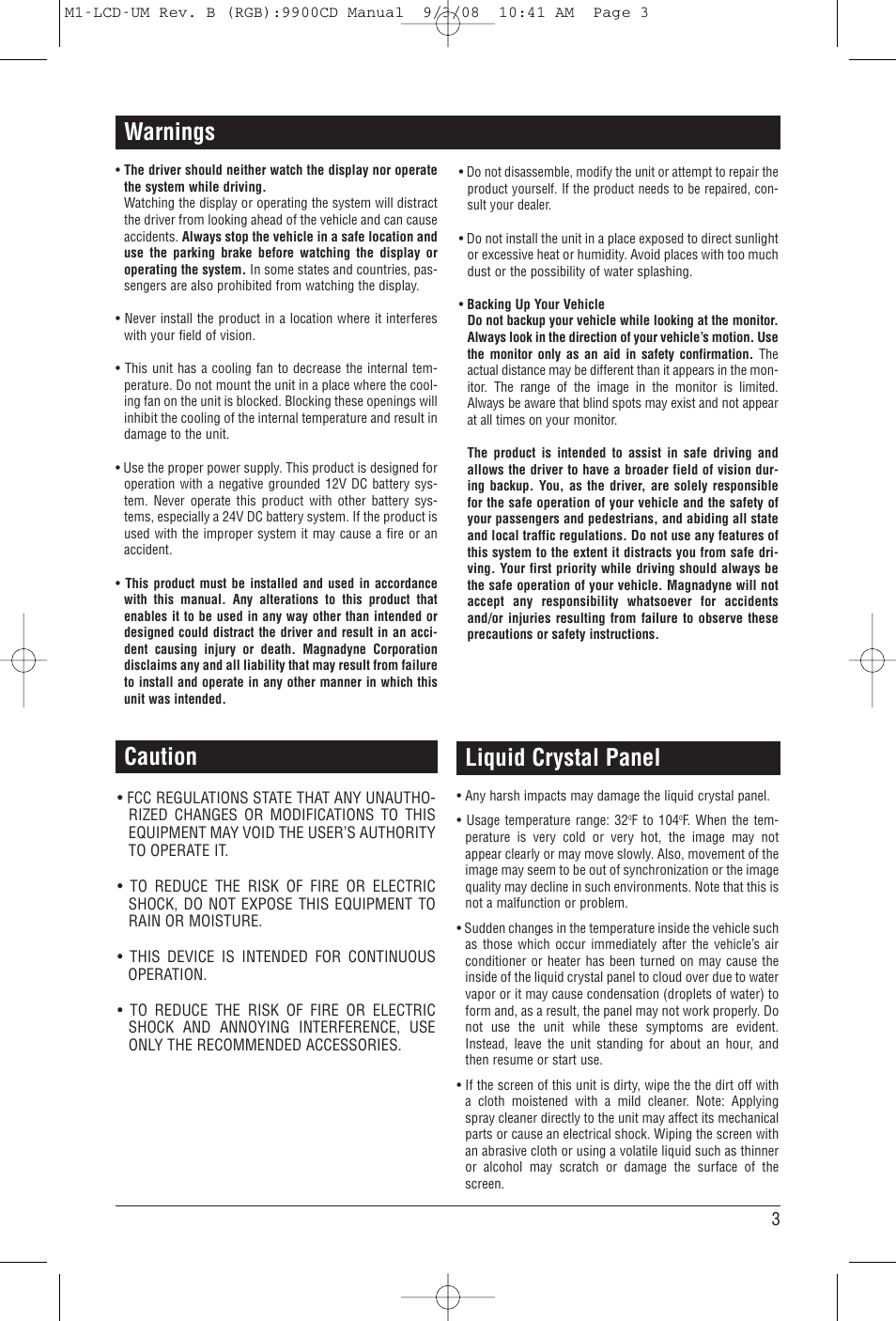 Warnings, Caution, Liquid crystal panel | Magnadyne M1-LCD User Manual | Page 3 / 48