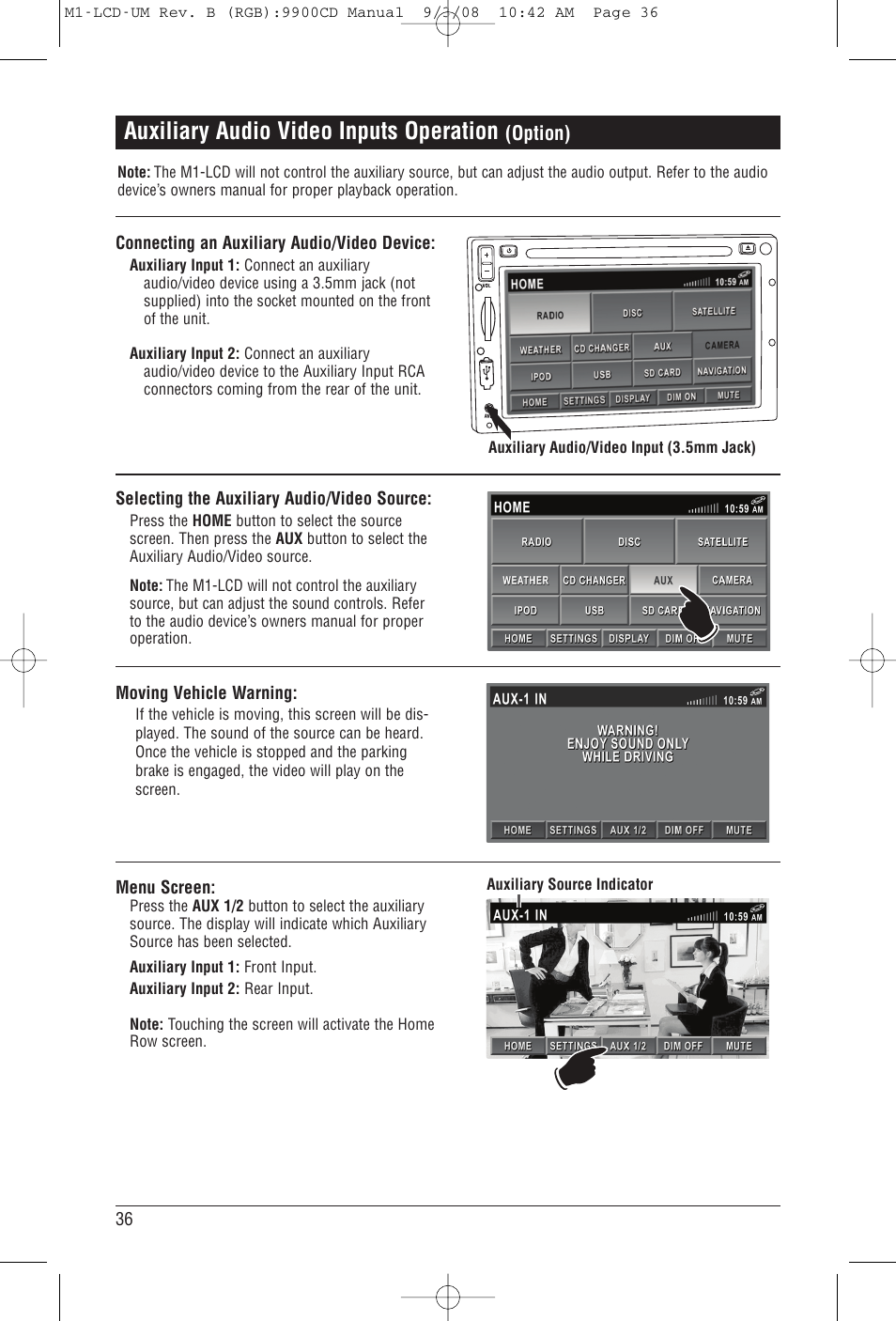 Auxiliary audio video inputs operation | Magnadyne M1-LCD User Manual | Page 36 / 48