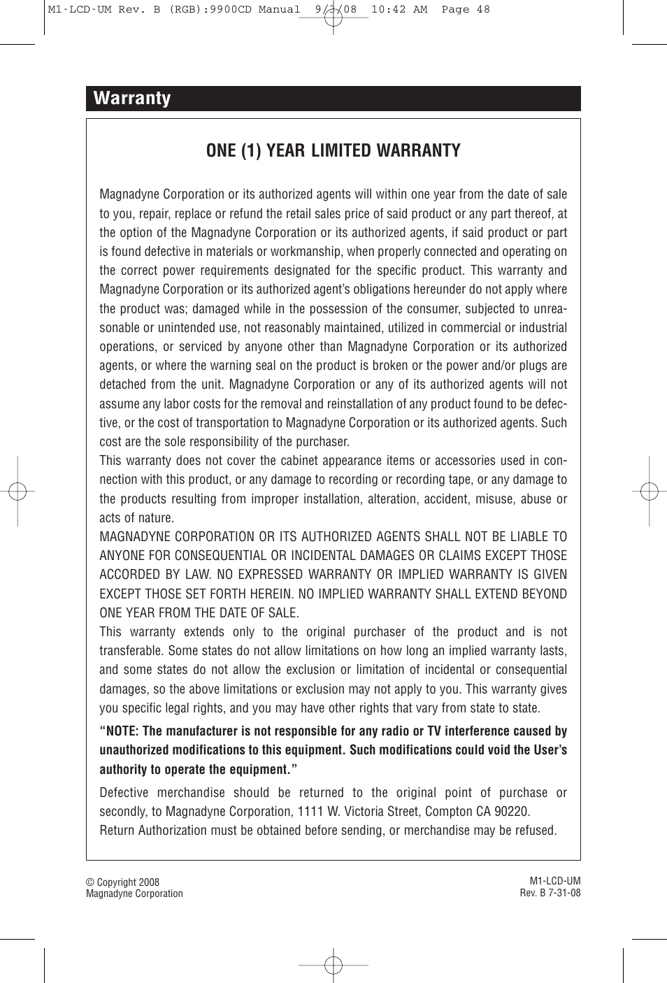 Warranty one (1) year limited warranty | Magnadyne M1-LCD User Manual | Page 48 / 48