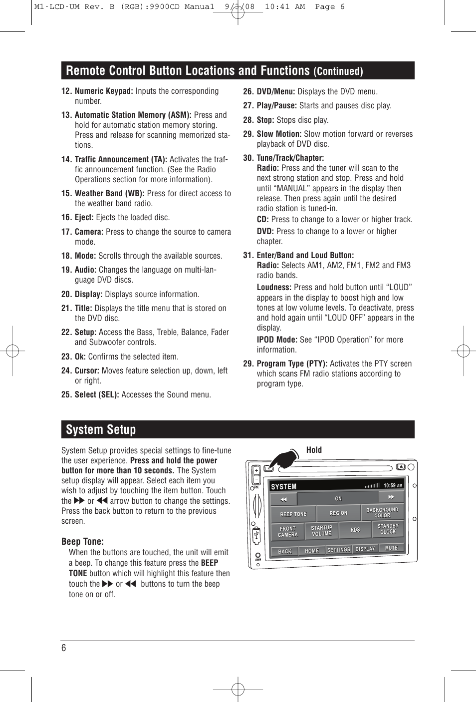 Remote control button locations and functions, System setup, Continued) | Magnadyne M1-LCD User Manual | Page 6 / 48