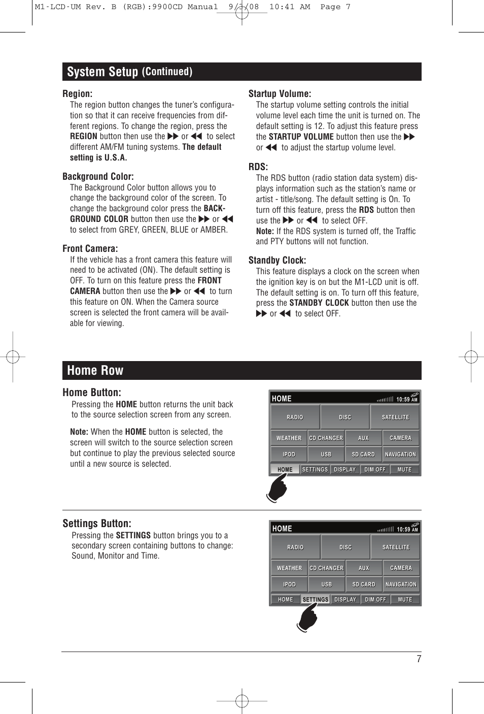 System setup, Home row, Continued) | Home button, Settings button | Magnadyne M1-LCD User Manual | Page 7 / 48