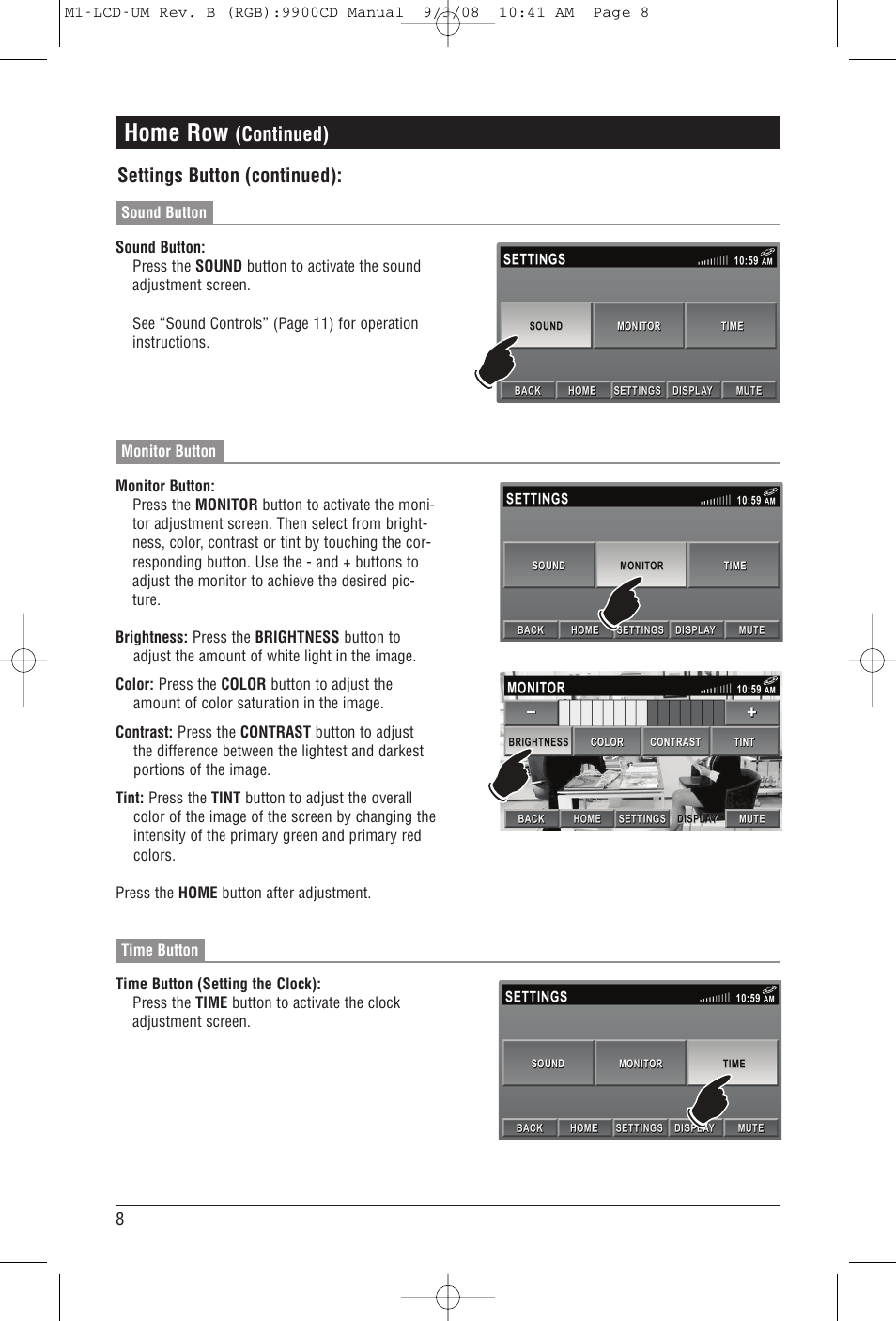 Home row, Continued), Settings button (continued) | Magnadyne M1-LCD User Manual | Page 8 / 48