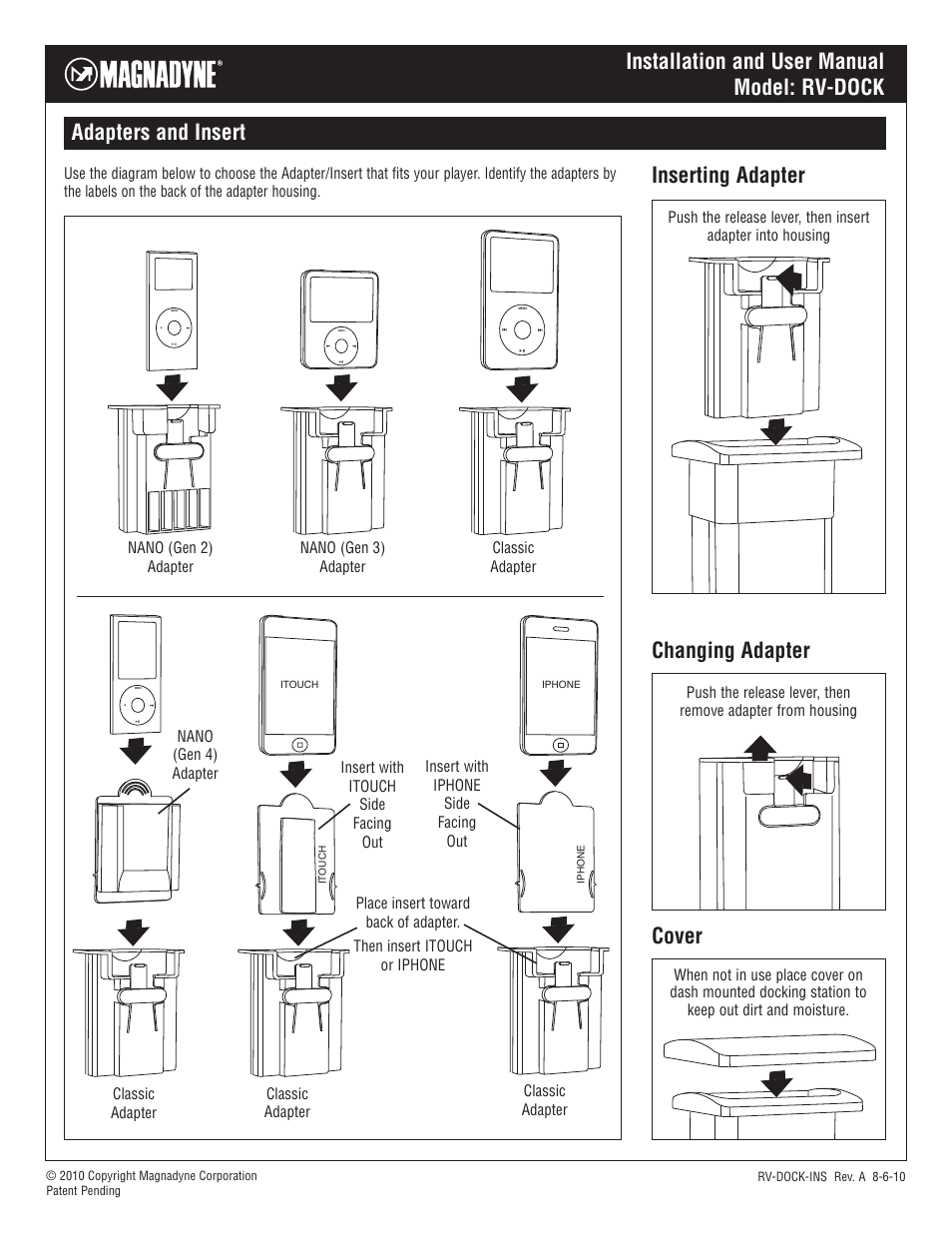 Inserting adapter changing adapter, Cover | Magnadyne RV-DOCK User Manual | Page 2 / 2