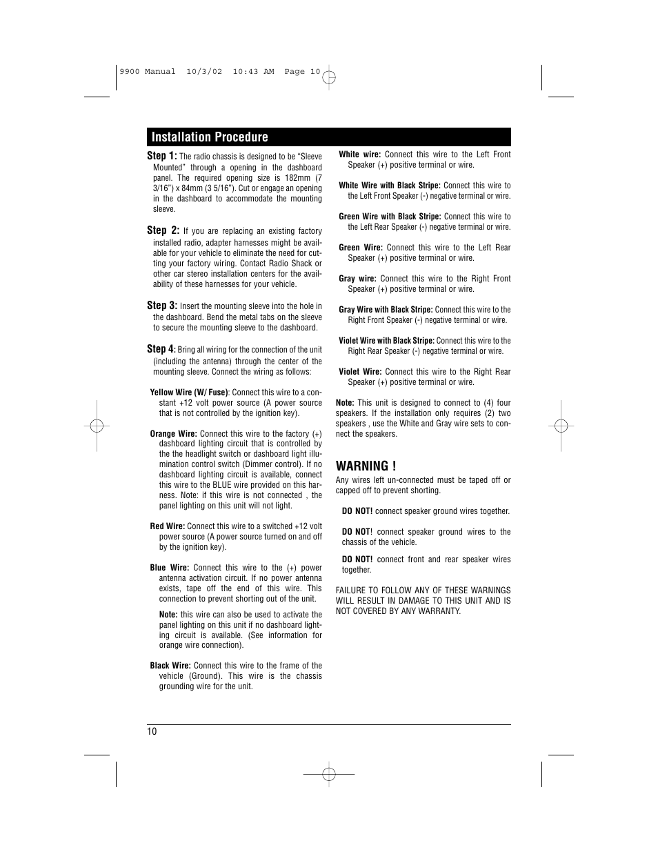 Warning, Installation procedure | Magnadyne M9900 User Manual | Page 10 / 12