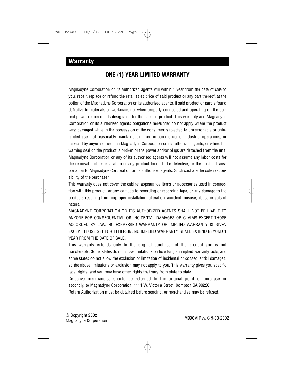 Magnadyne M9900 User Manual | Page 12 / 12