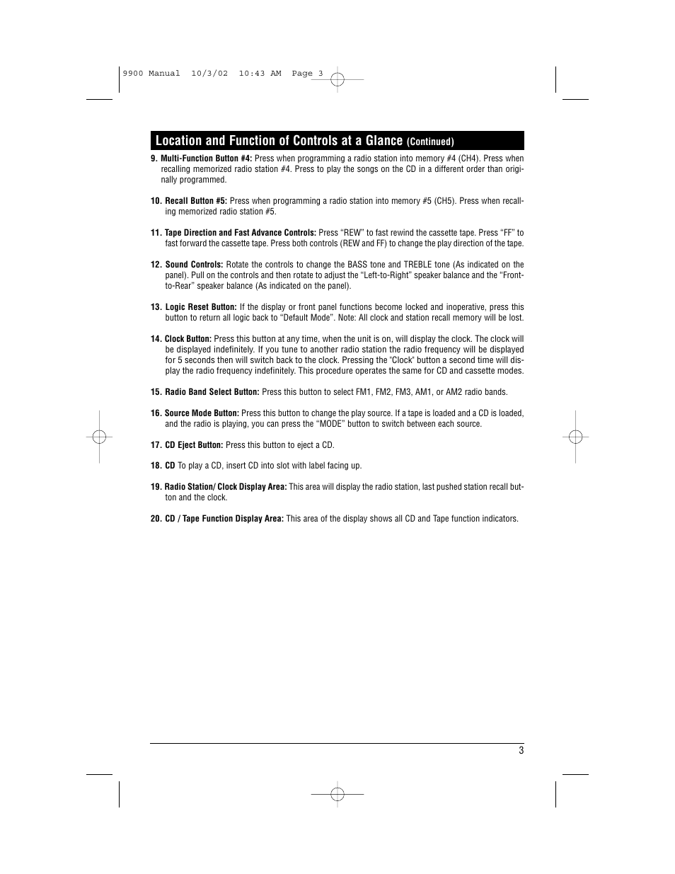 Location and function of controls at a glance | Magnadyne M9900 User Manual | Page 3 / 12
