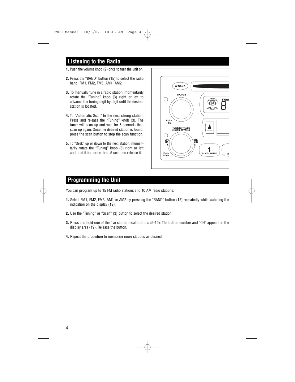 Listening to the radio, Programming the unit | Magnadyne M9900 User Manual | Page 4 / 12