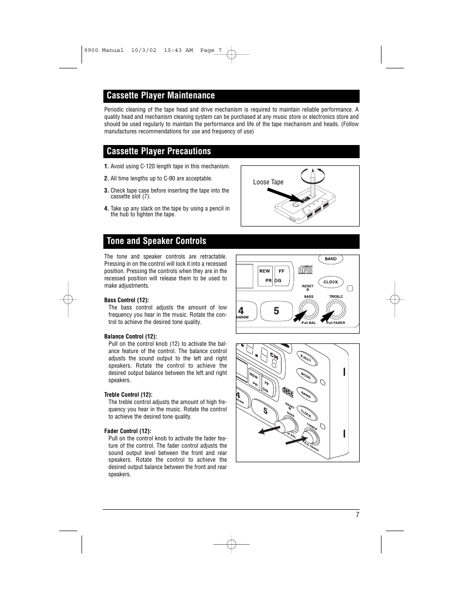 Cassette player precautions, Tone and speaker controls, Cassette player maintenance | Magnadyne M9900 User Manual | Page 7 / 12